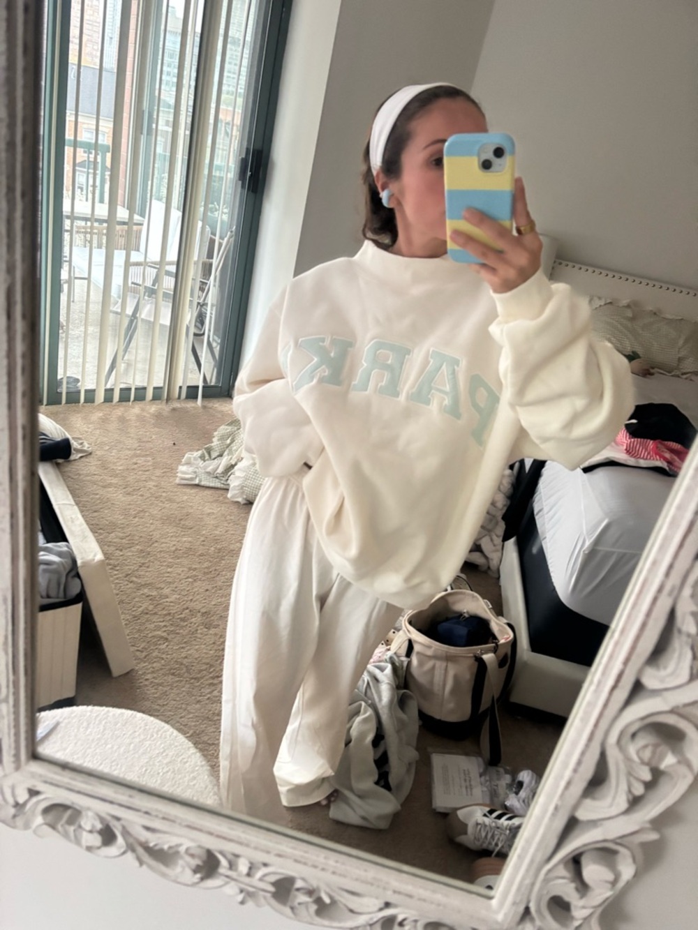 PARKE Varsity Mockneck in pearl + pale blue (from newest bridal drop) L/XL